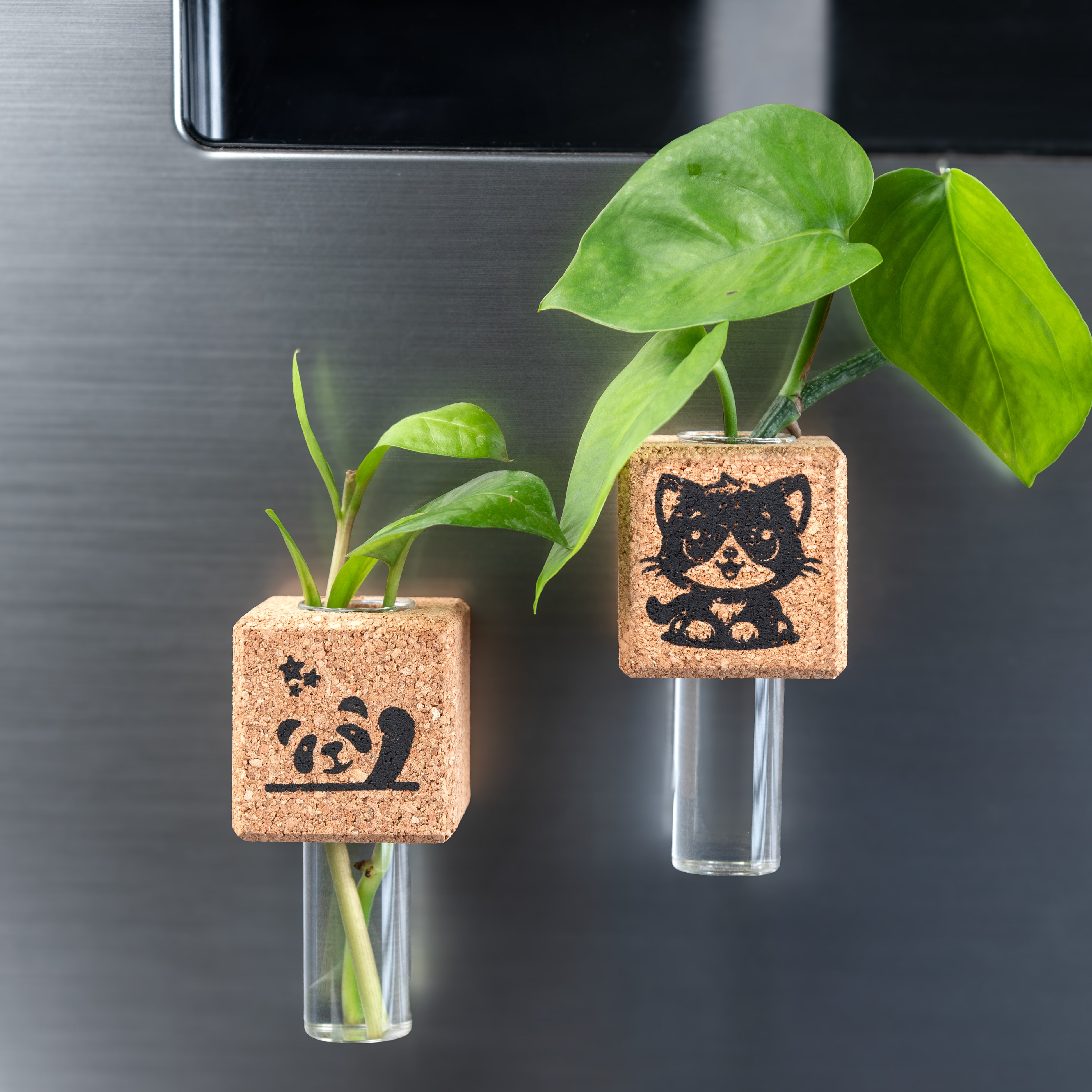 'Cute Cat & Panda' Combo of 2 Cork Magnetic Mini Planters/Vases