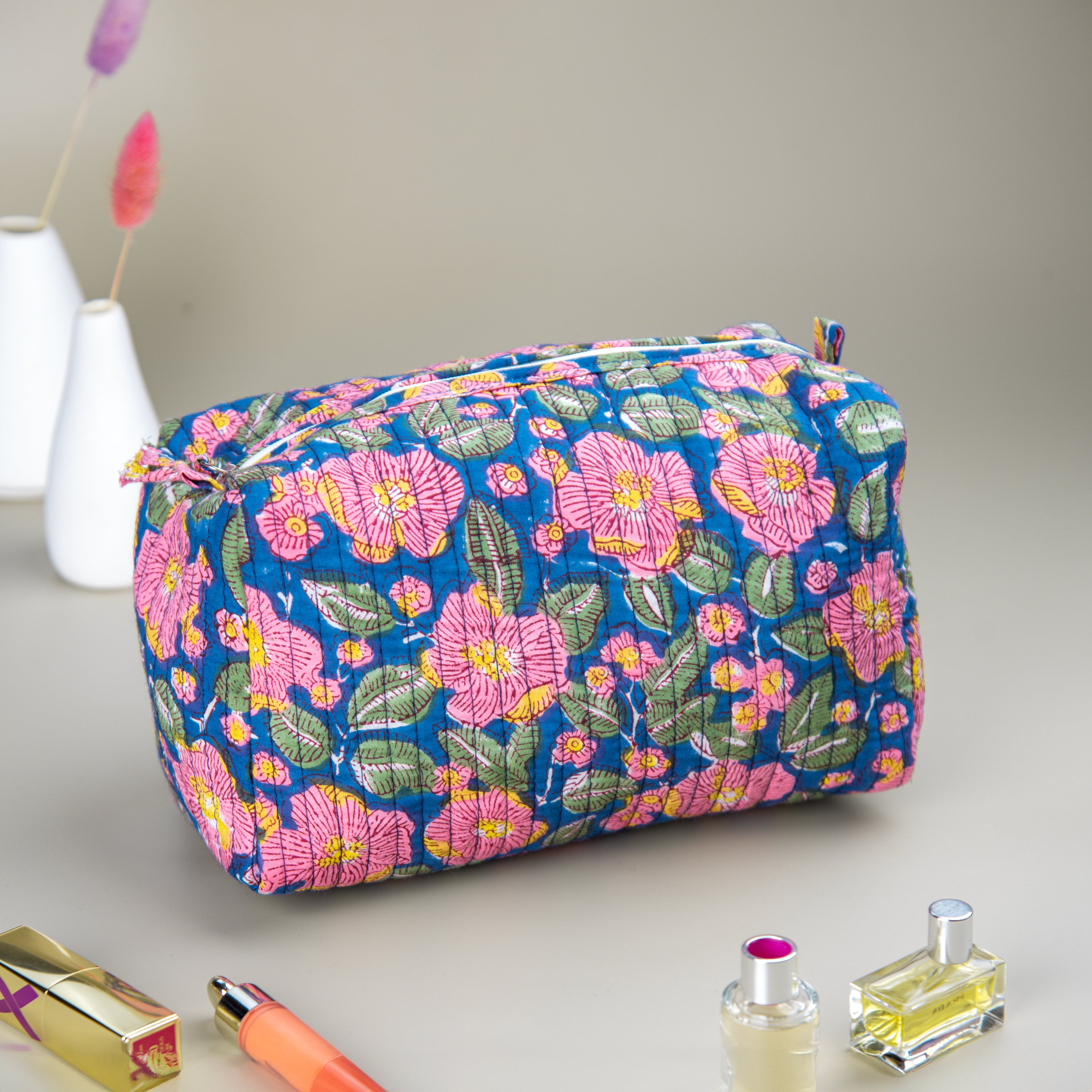 "Garden Paradise" Block Printed Quilted Toiletry Pouch – Medium