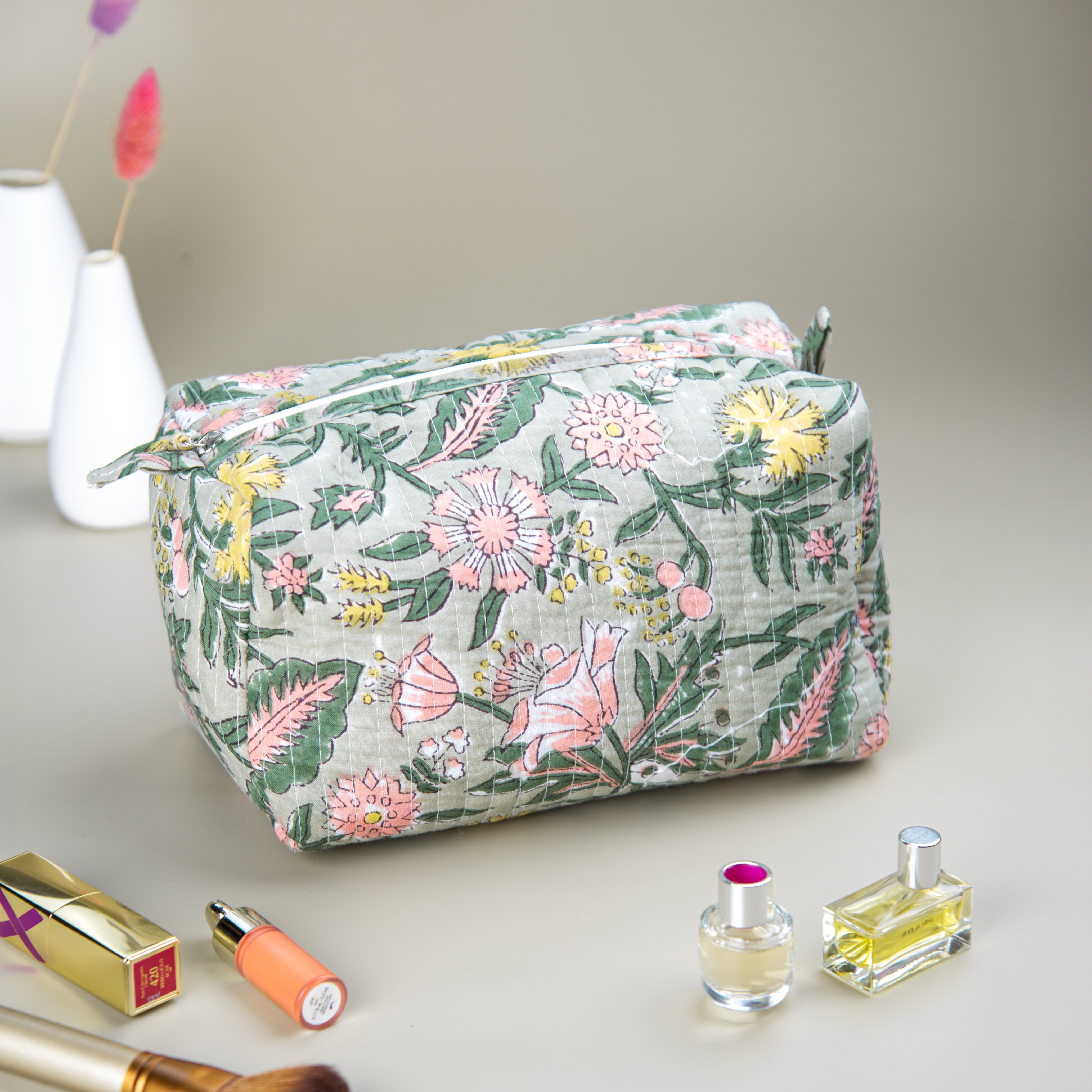 '"Forest Bloom" Block Printed Quilted Toiletry Pouch – Medium