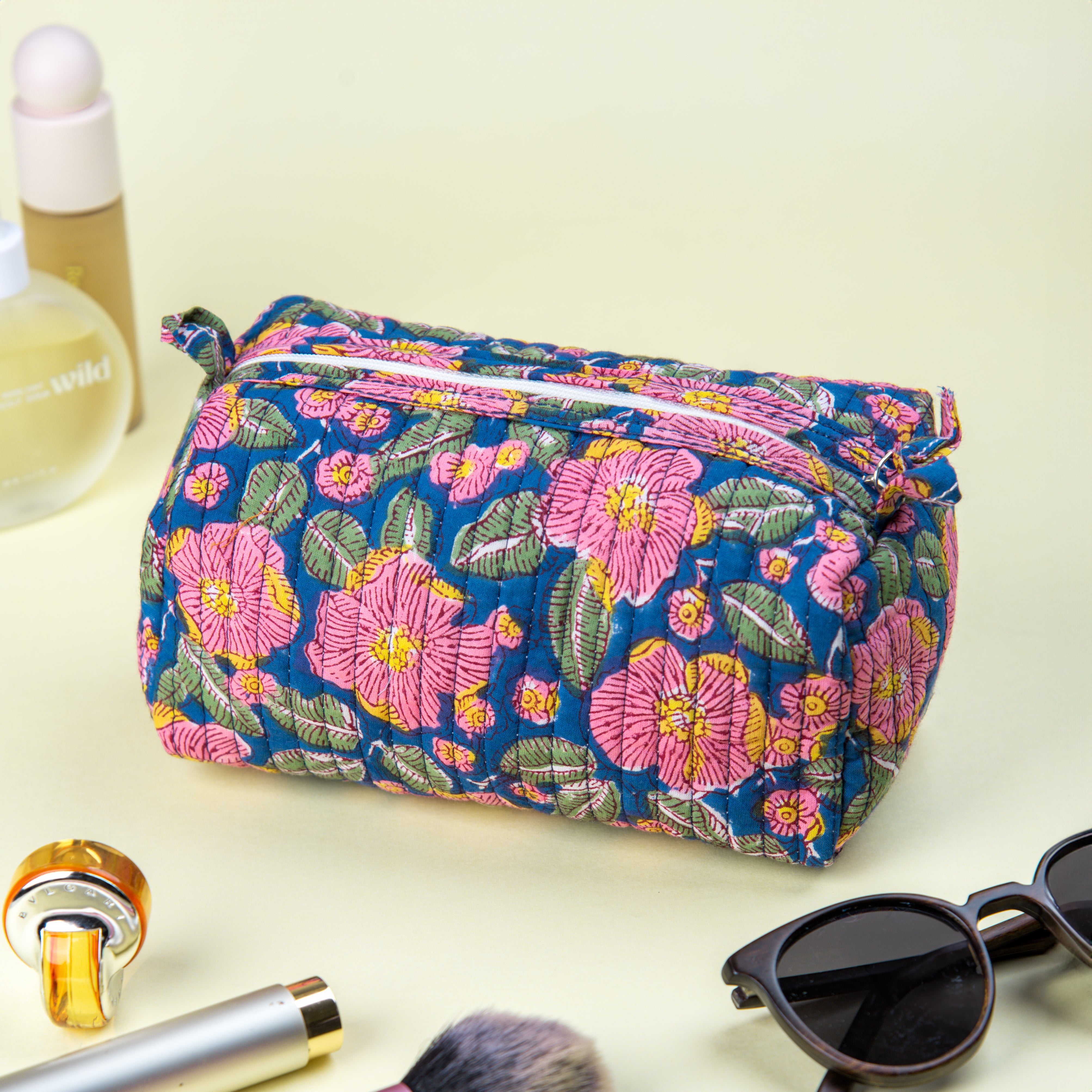 "Garden Paradise" Block Printed Quilted Toiletry Pouch – Small