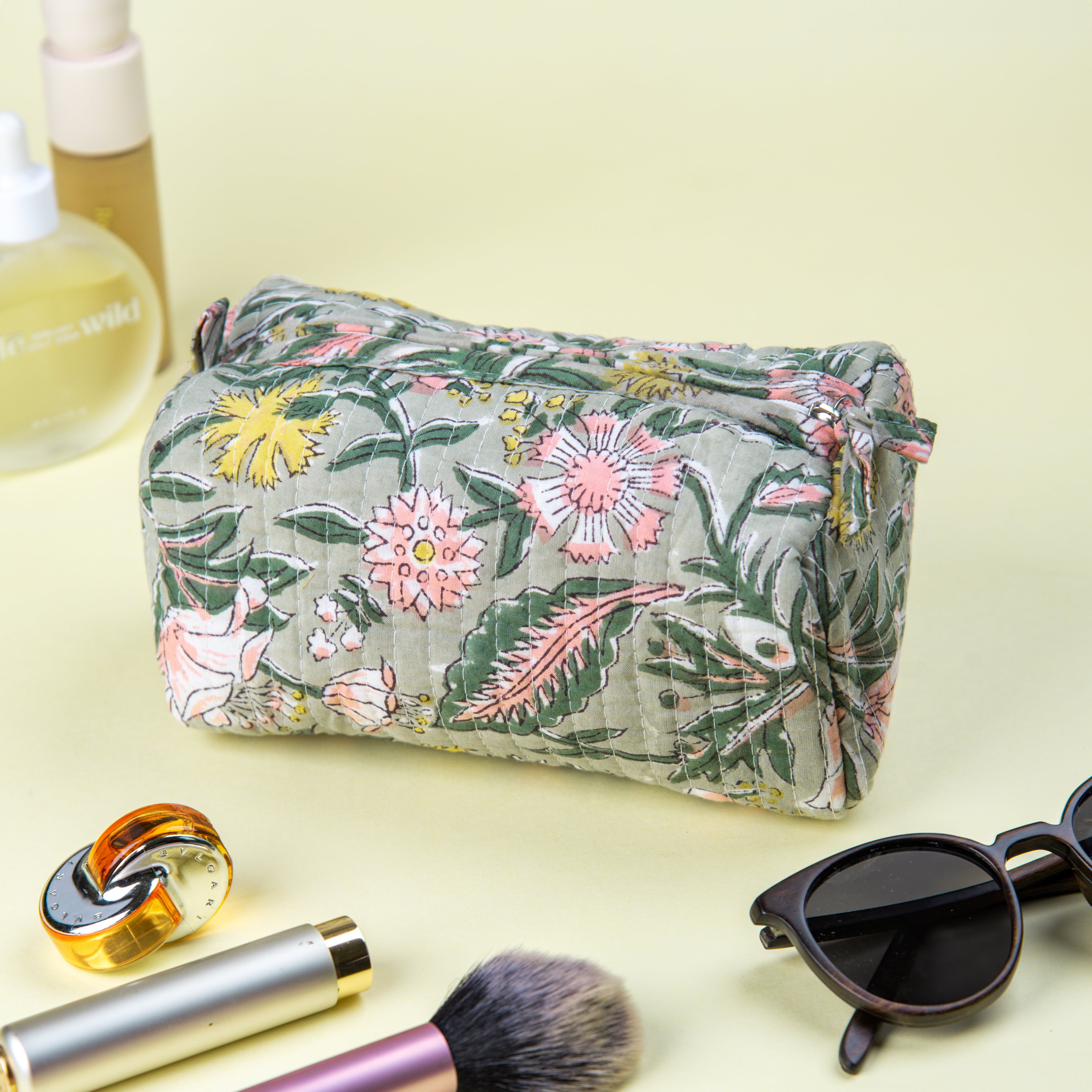 "Forest Bloom" Block Printed Quilted Toiletry Pouch – Small