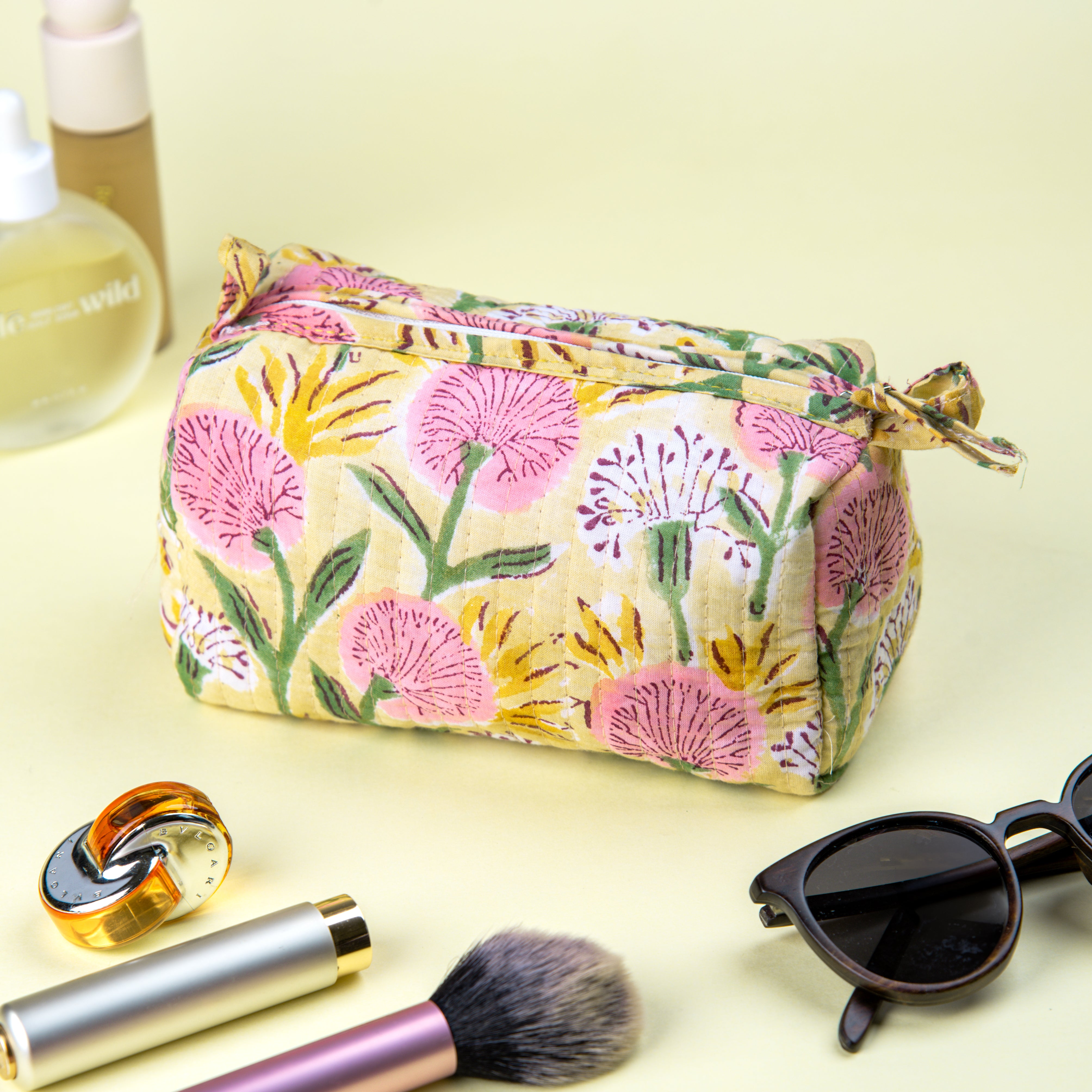 "Floral Meadow" Block Printed Quilted Toiletry Pouch – Small