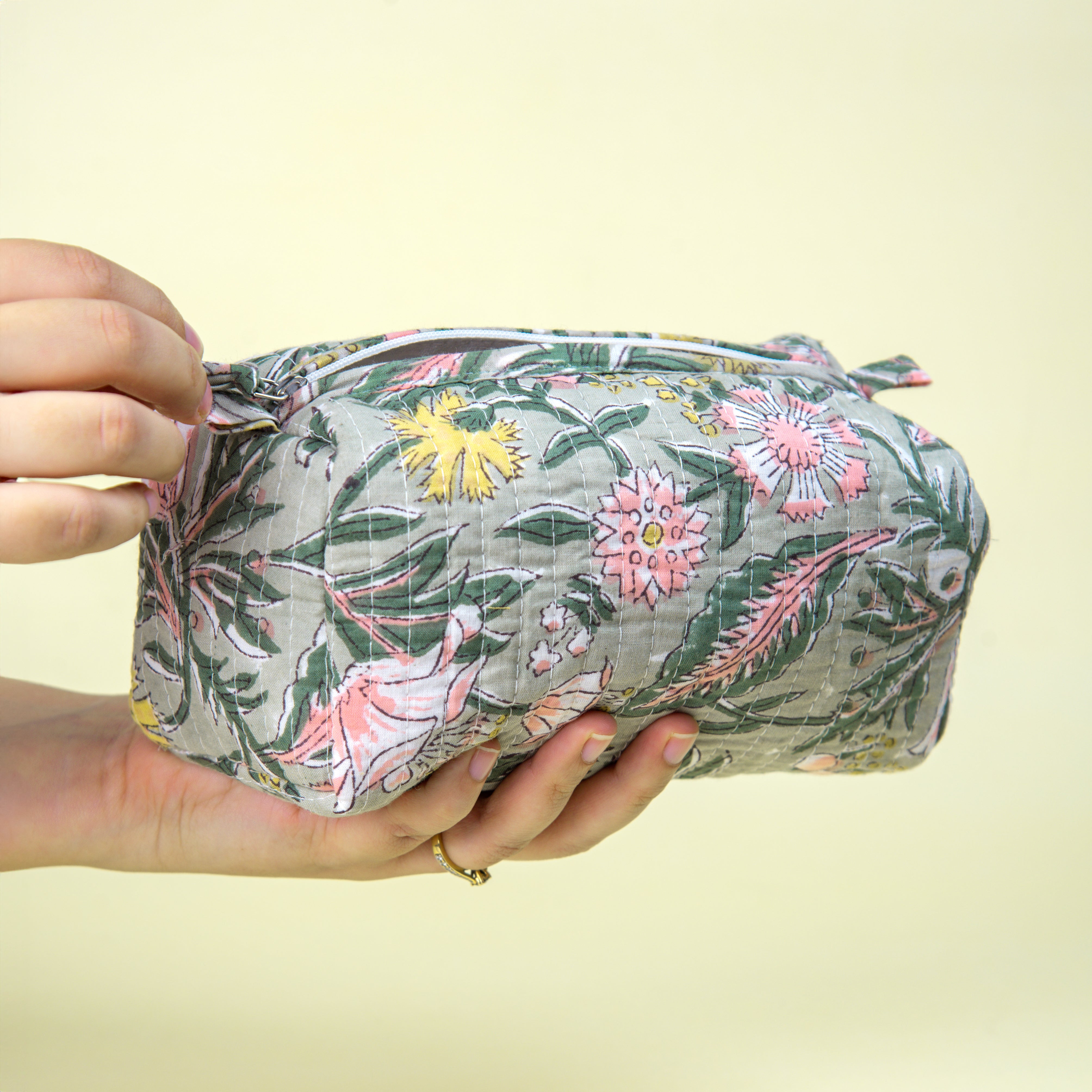 "Forest Bloom" Block Printed Quilted Toiletry Pouch – Small