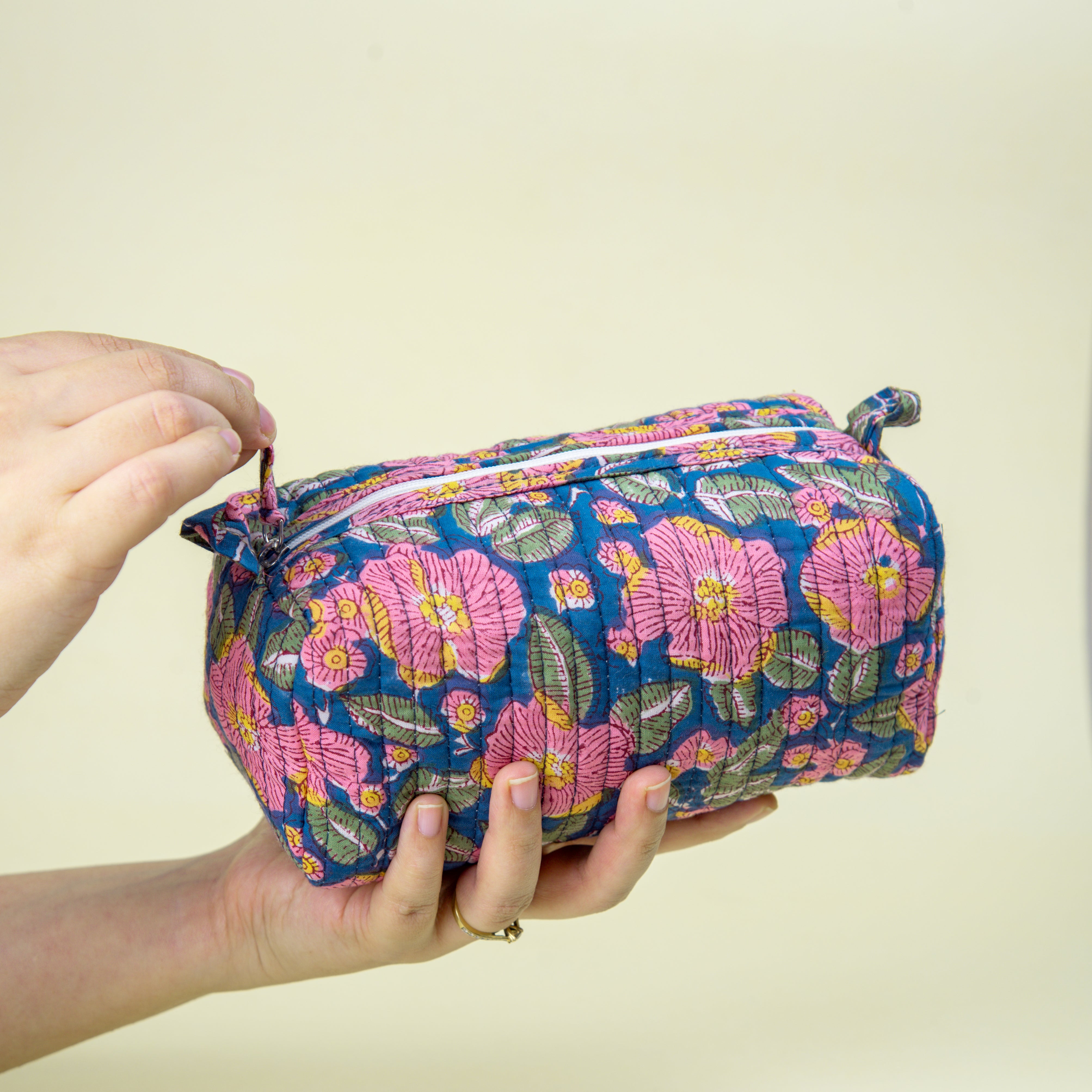 "Garden Paradise" Block Printed Quilted Toiletry Pouch – Small