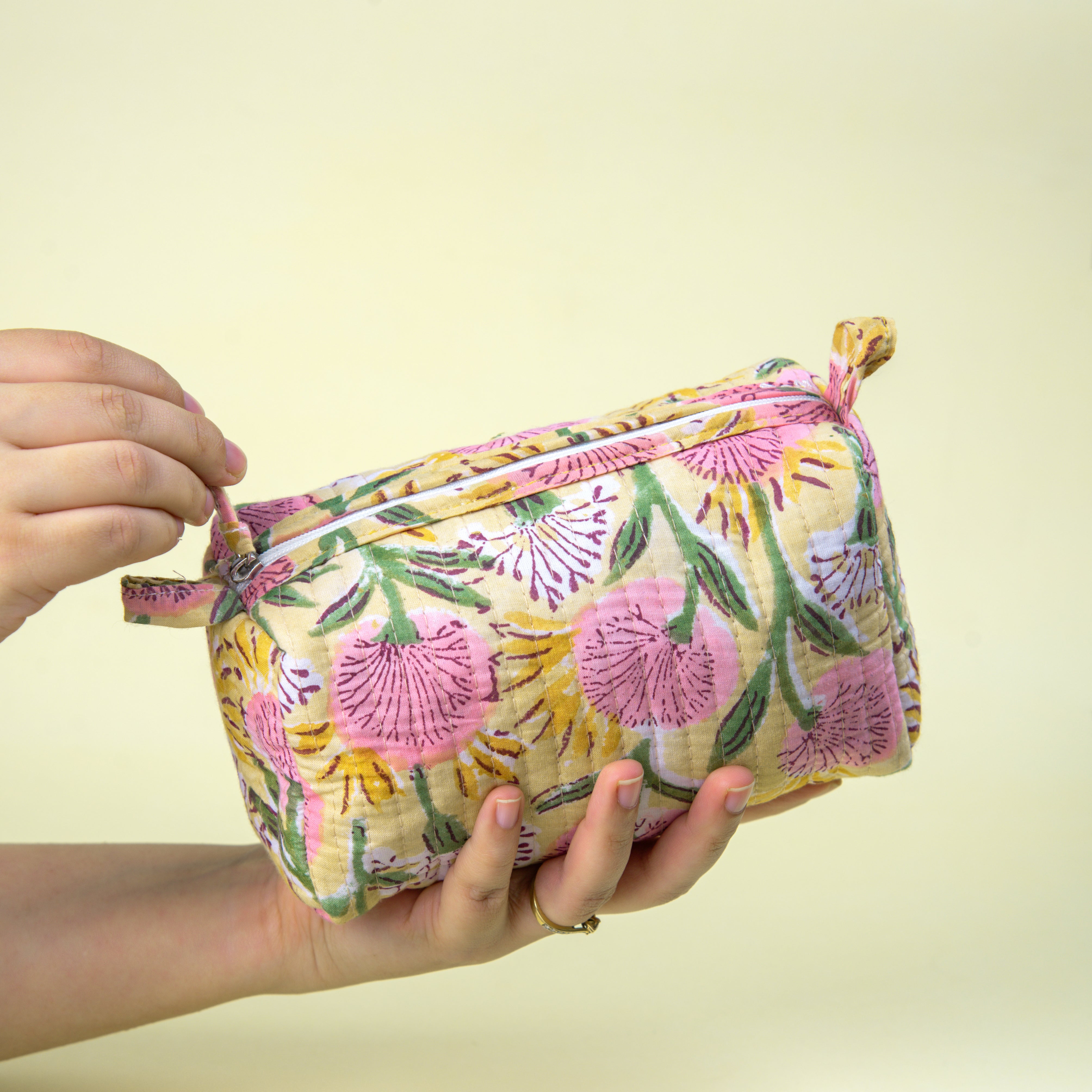 "Floral Meadow" Block Printed Quilted Toiletry Pouch – Small