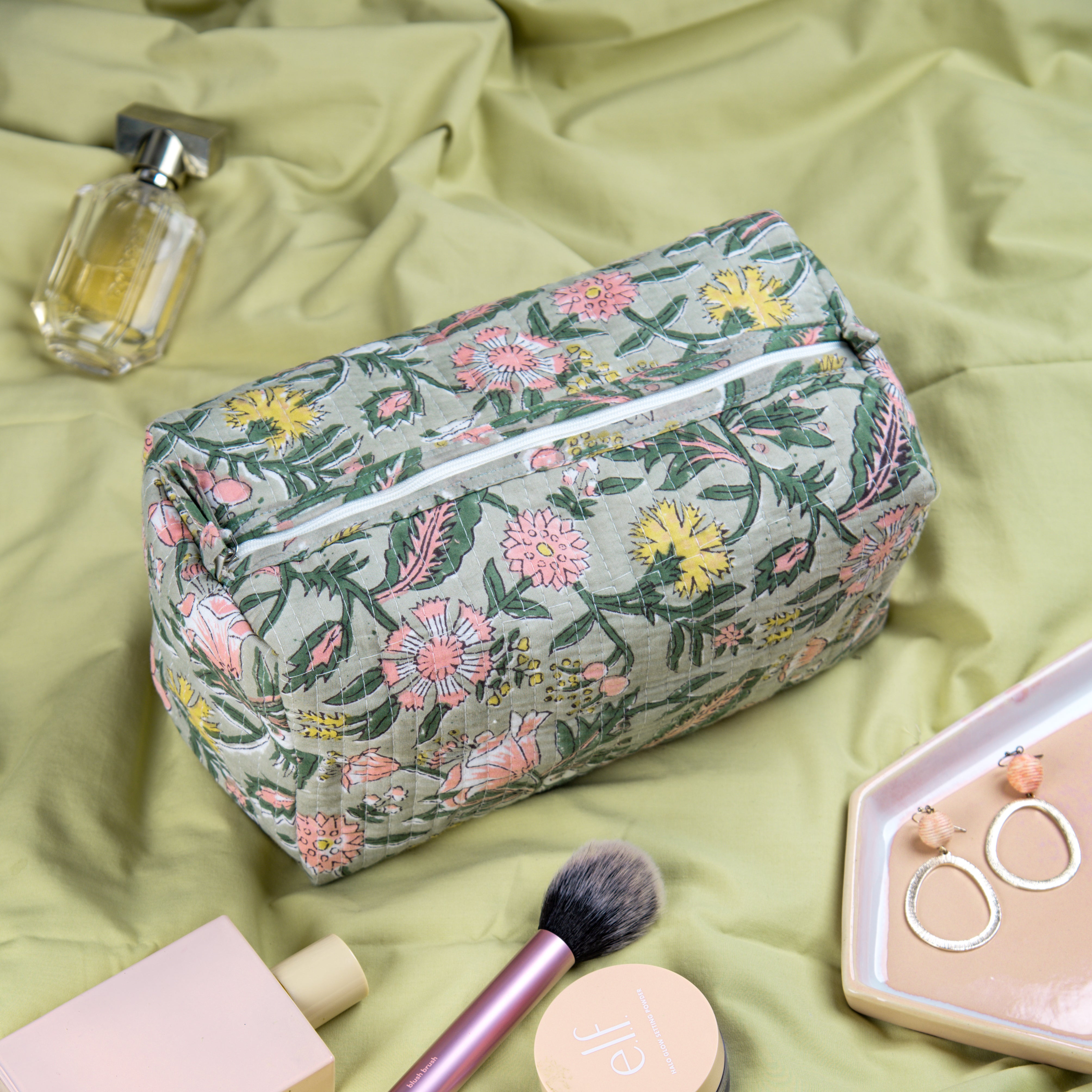 '"Forest Bloom" Block Printed Quilted Toiletry Pouch – Large