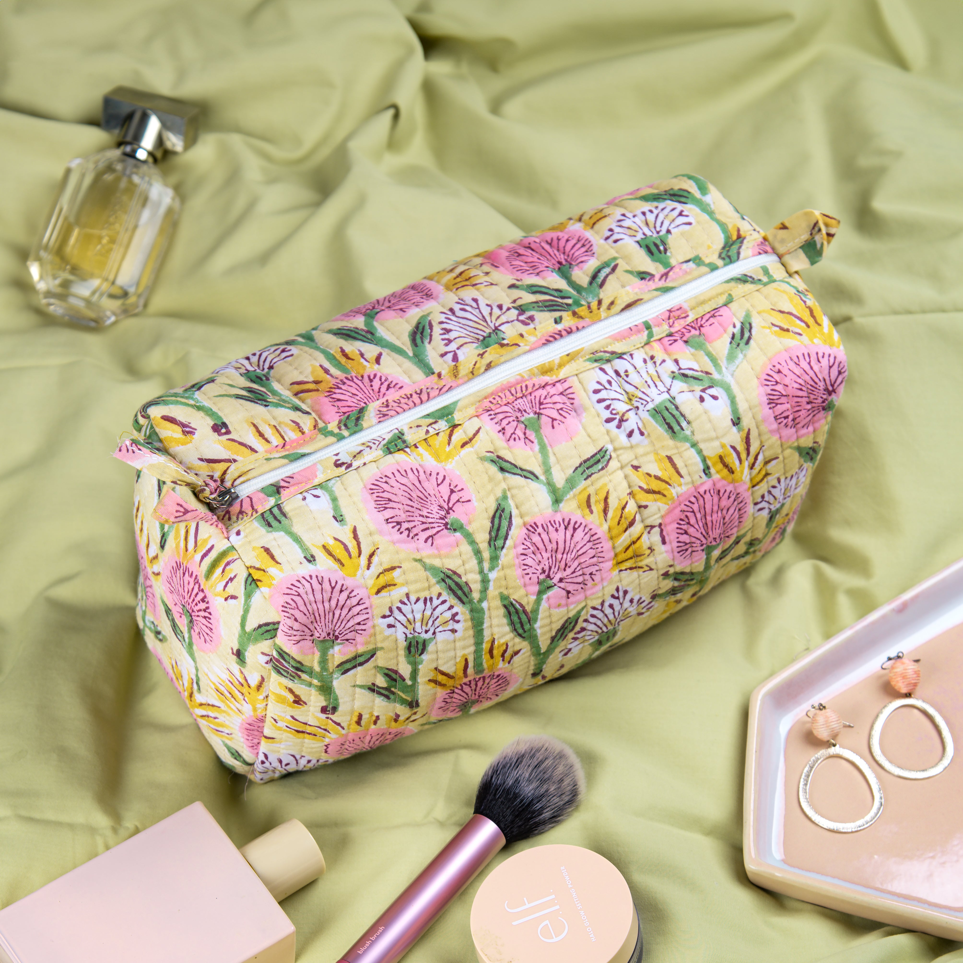 '"Floral Meadow" Block Printed Quilted Toiletry Pouch – Large