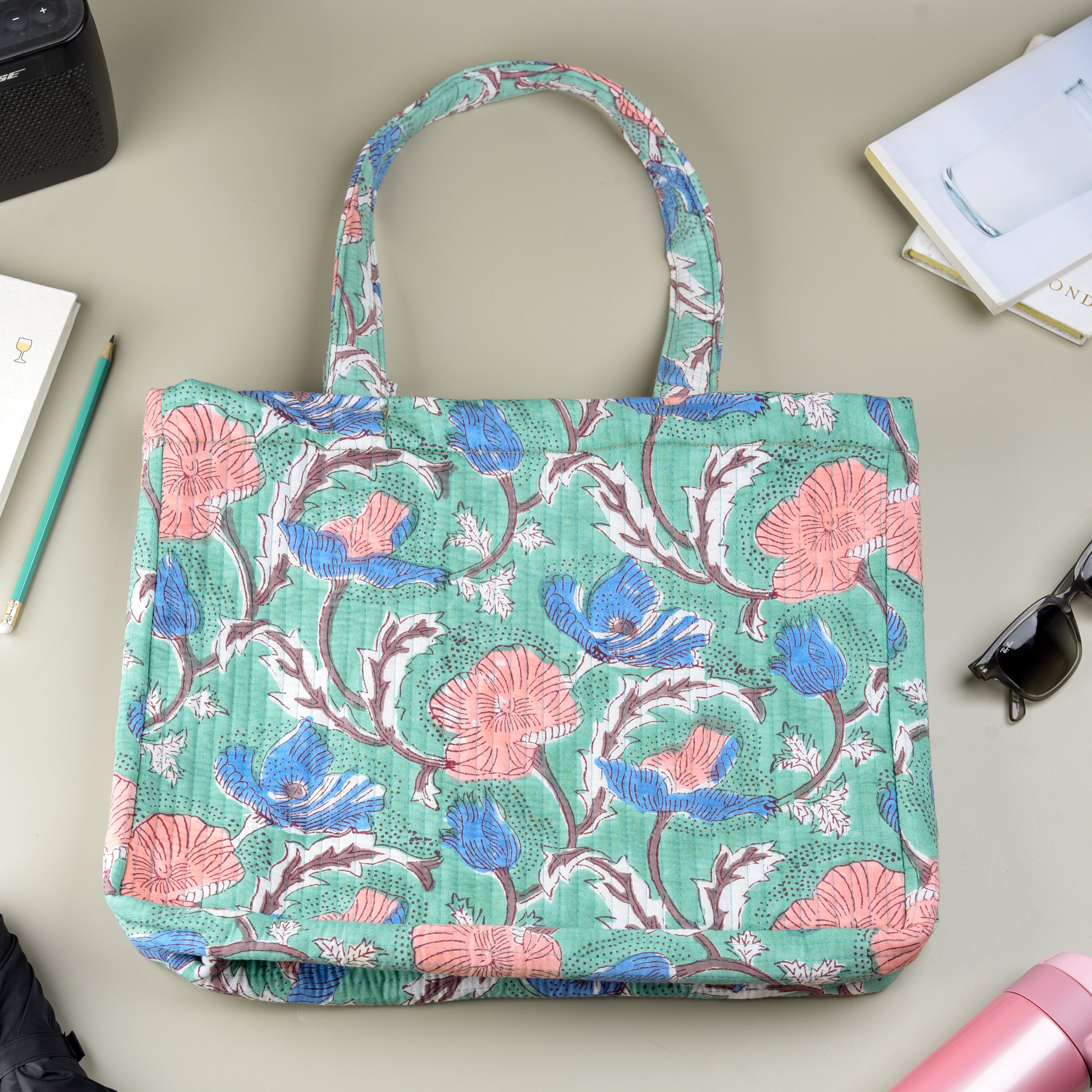 'Wildflower' Convertible Quilted Tote Bag - Block Printed