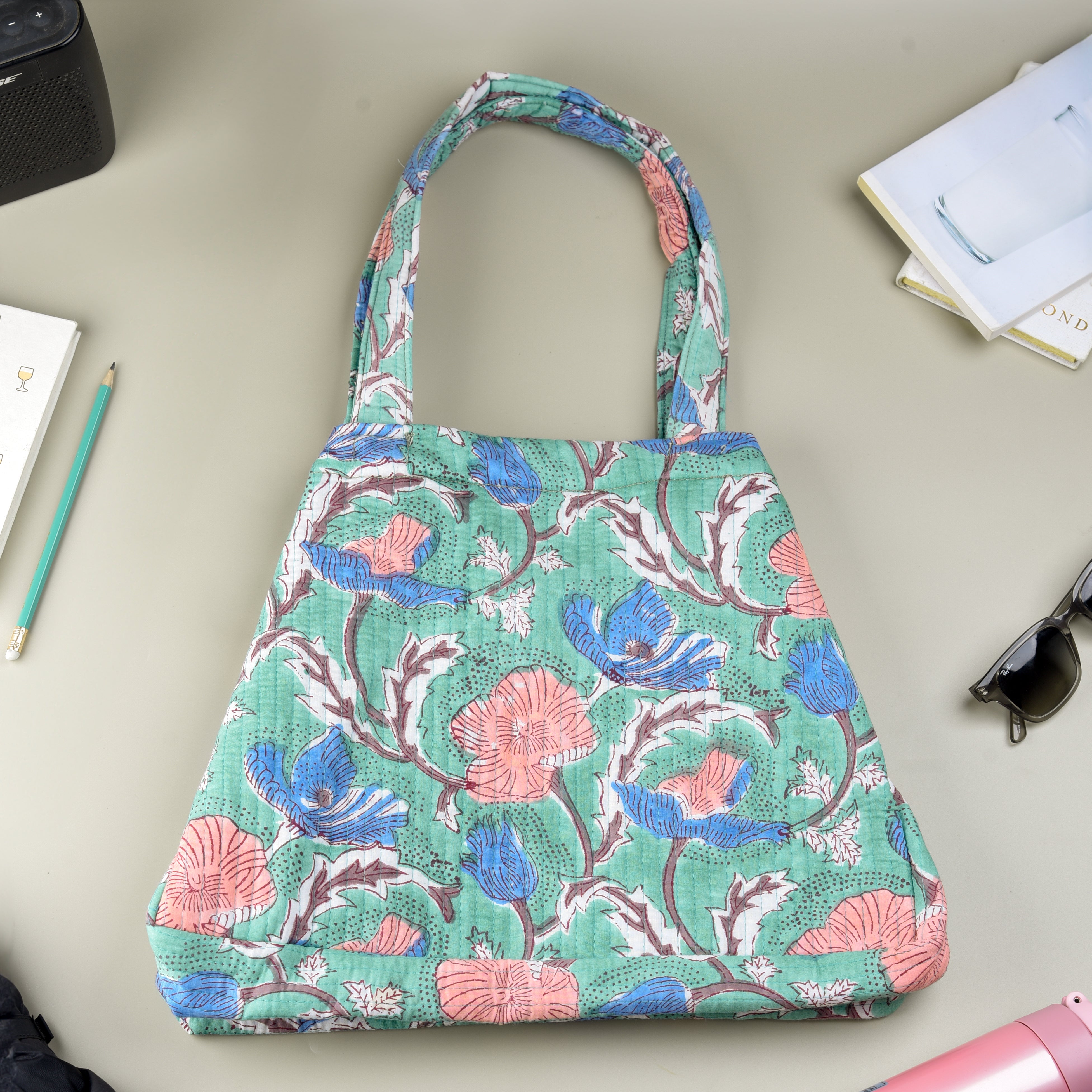 'Wildflower' Convertible Quilted Tote Bag - Block Printed