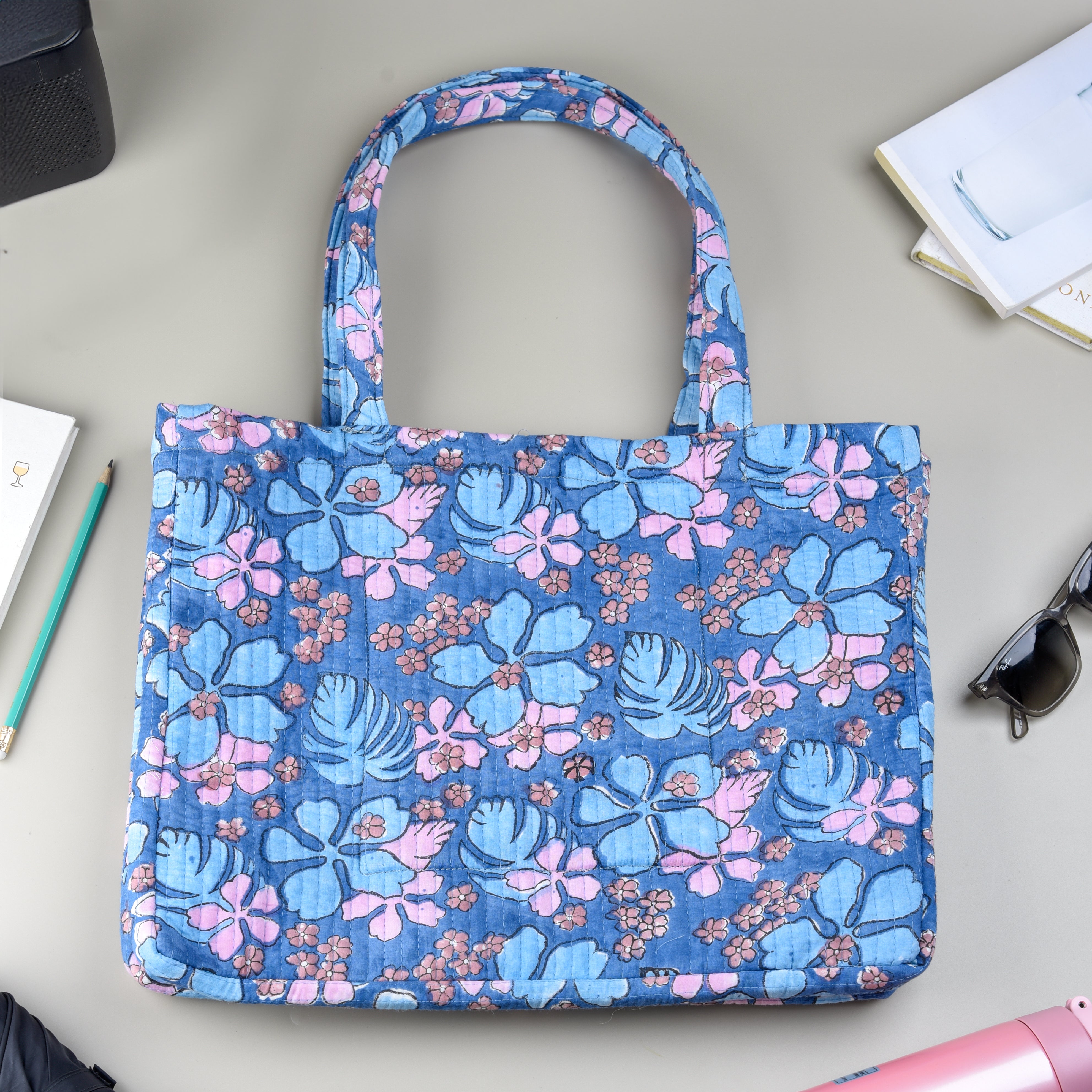 'Floral Breeze' Convertible Quilted Tote Bag - Block Printed