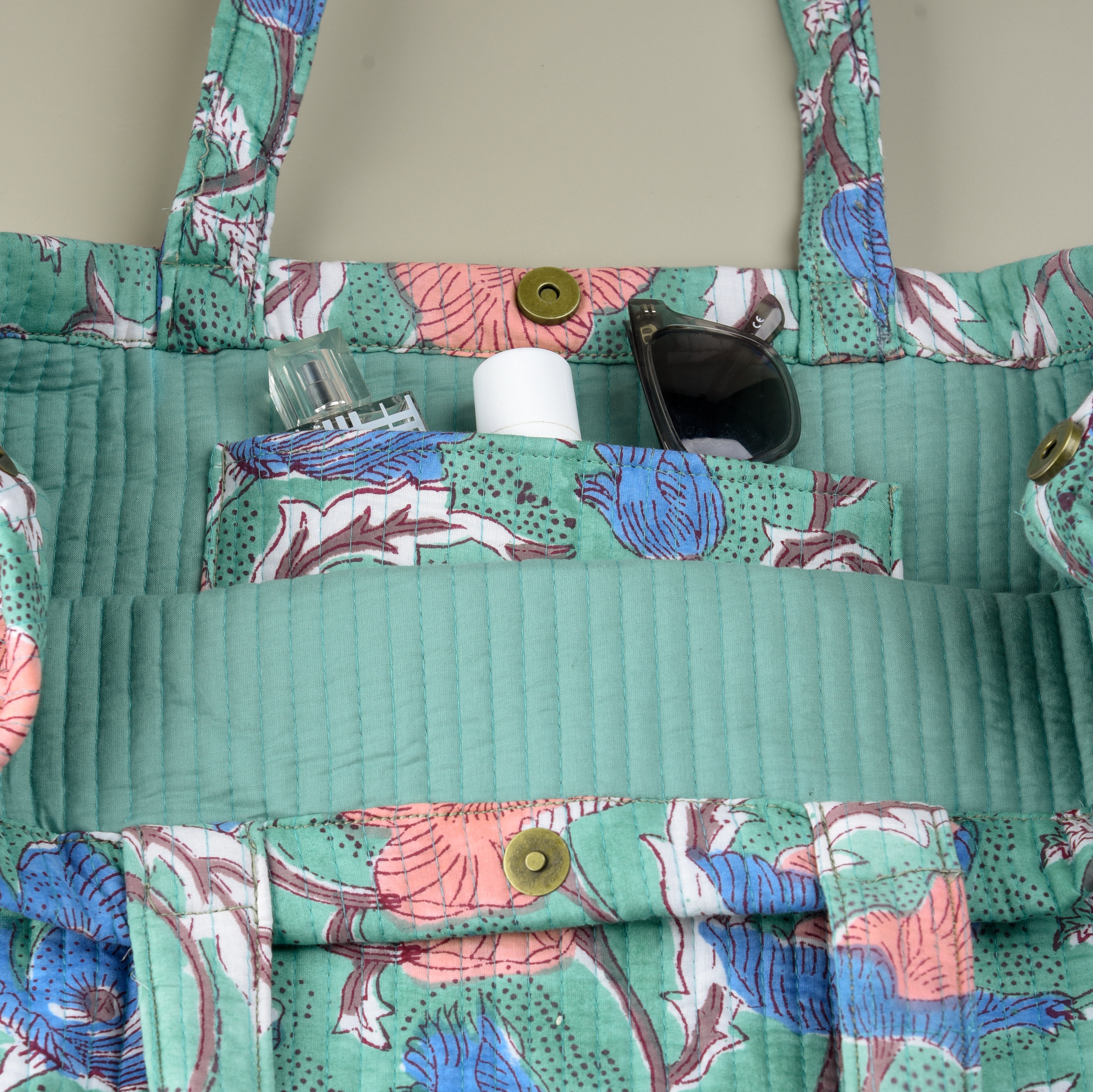 'Wildflower' Convertible Quilted Tote Bag - Block Printed