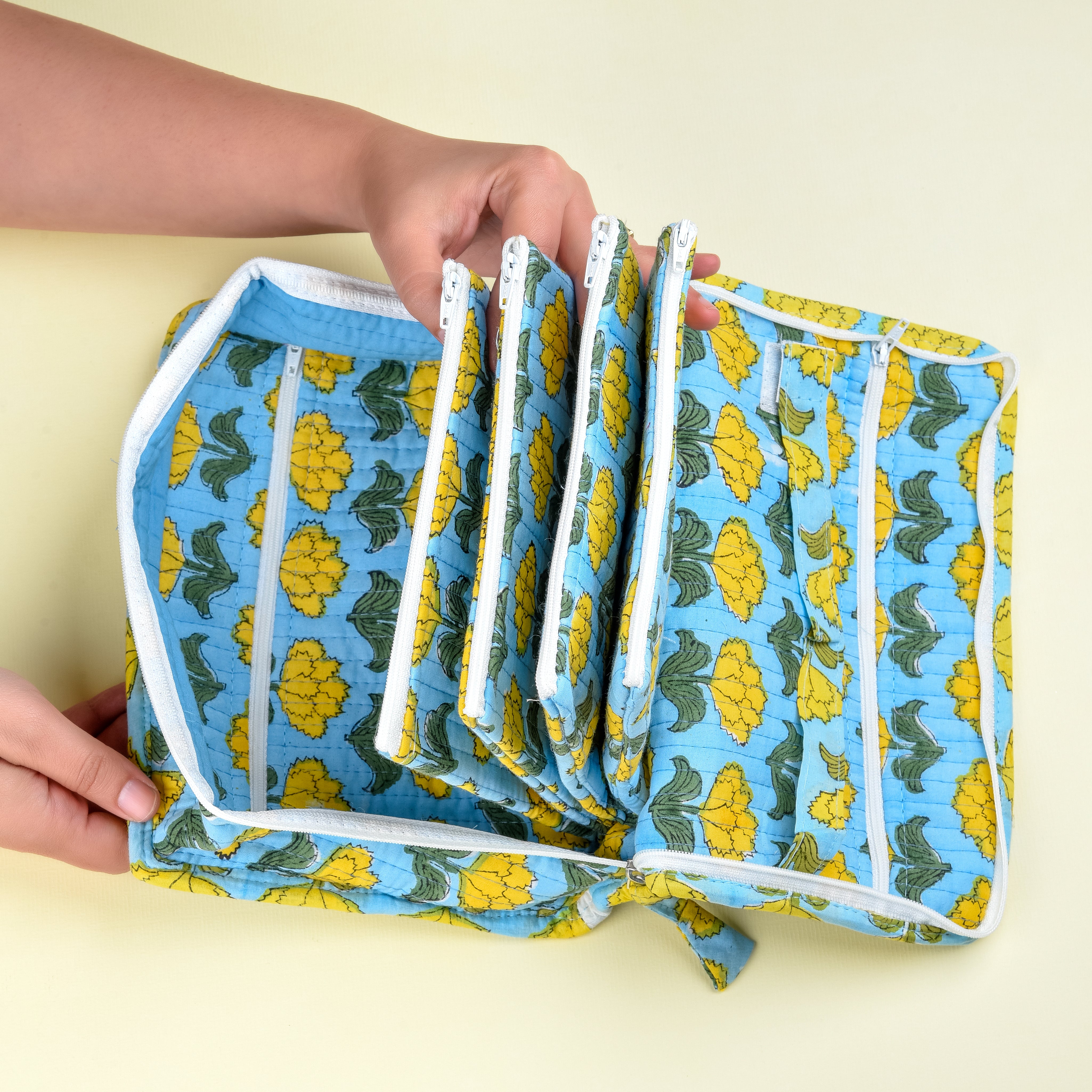 'Sunshine Bloom' Block Printed Jewellery & Travel Organizer