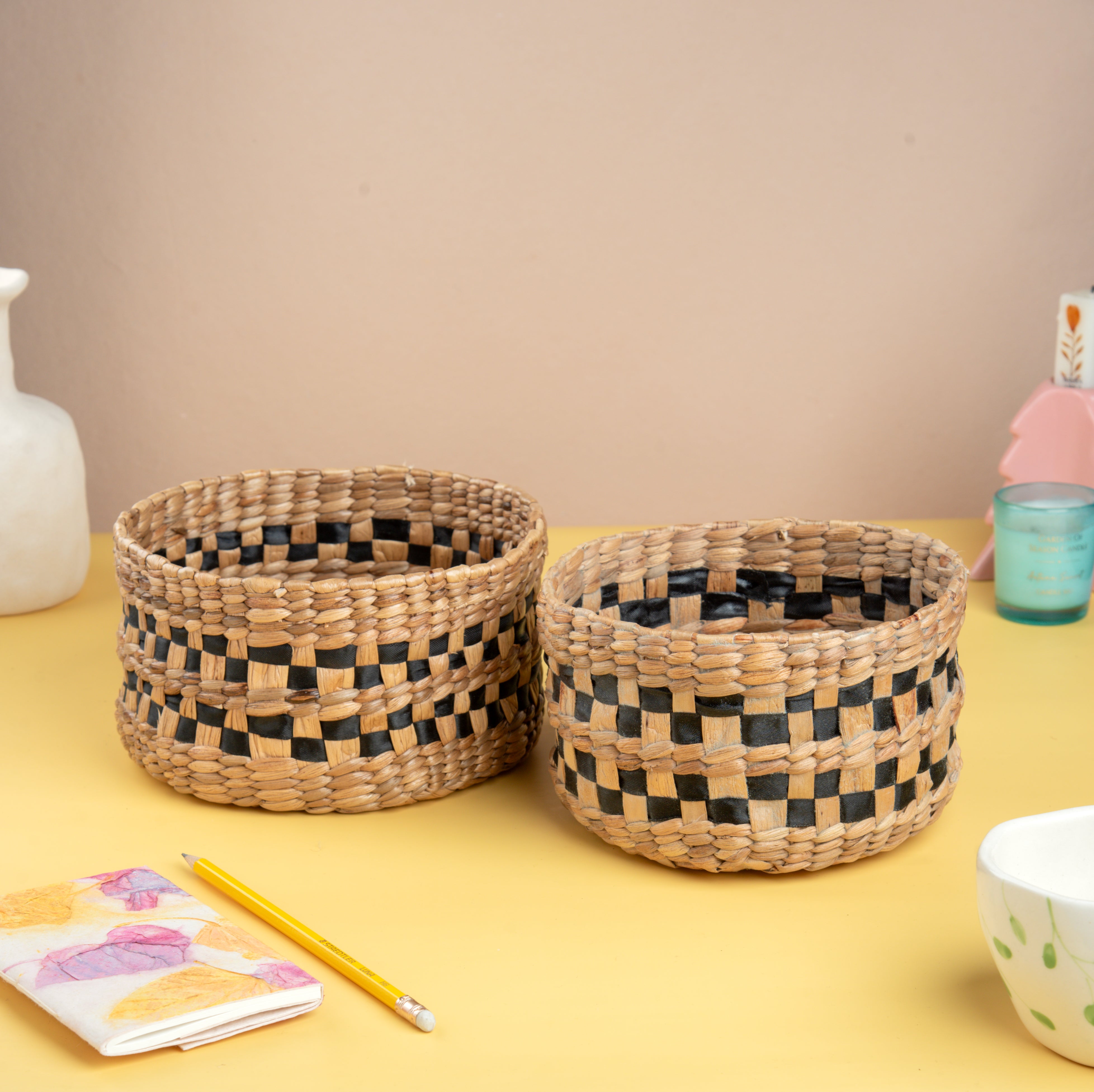 Natural Water Hyacinth Handcrafted Storage Basket- Set of 2