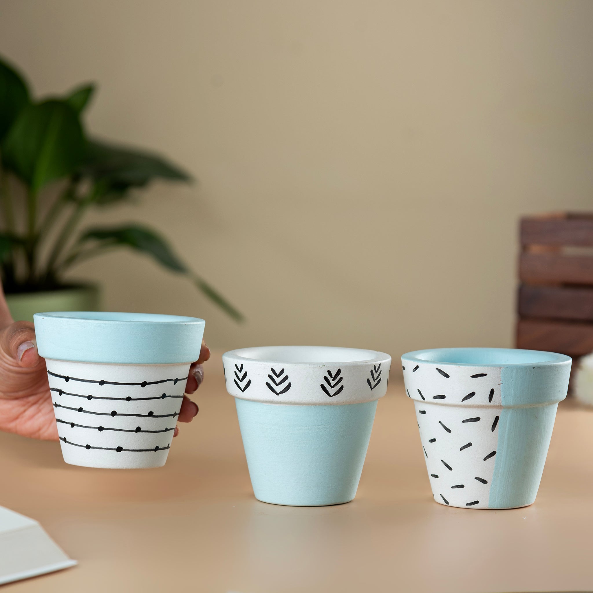 Set of 3 Handpainted Tiny Terracotta Pots - Blue