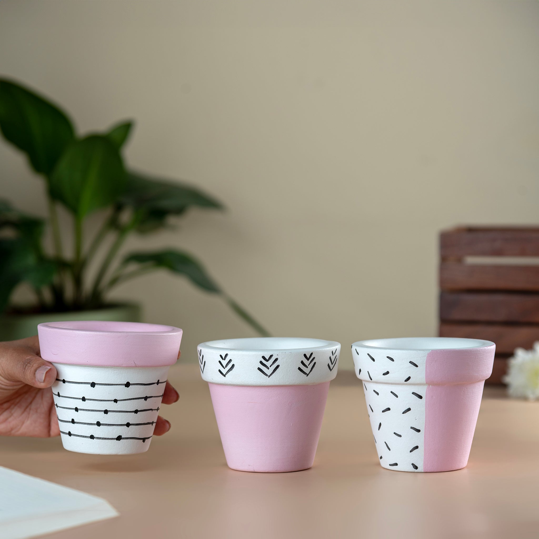 Set of 3 Handpainted Tiny Terracotta Pots - Pink