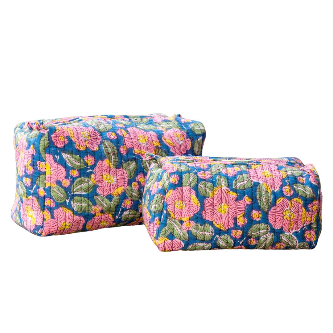 "Garden Paradise" Block Printed Quilted Toiletry Pouch Set of 2 – Small & Medium