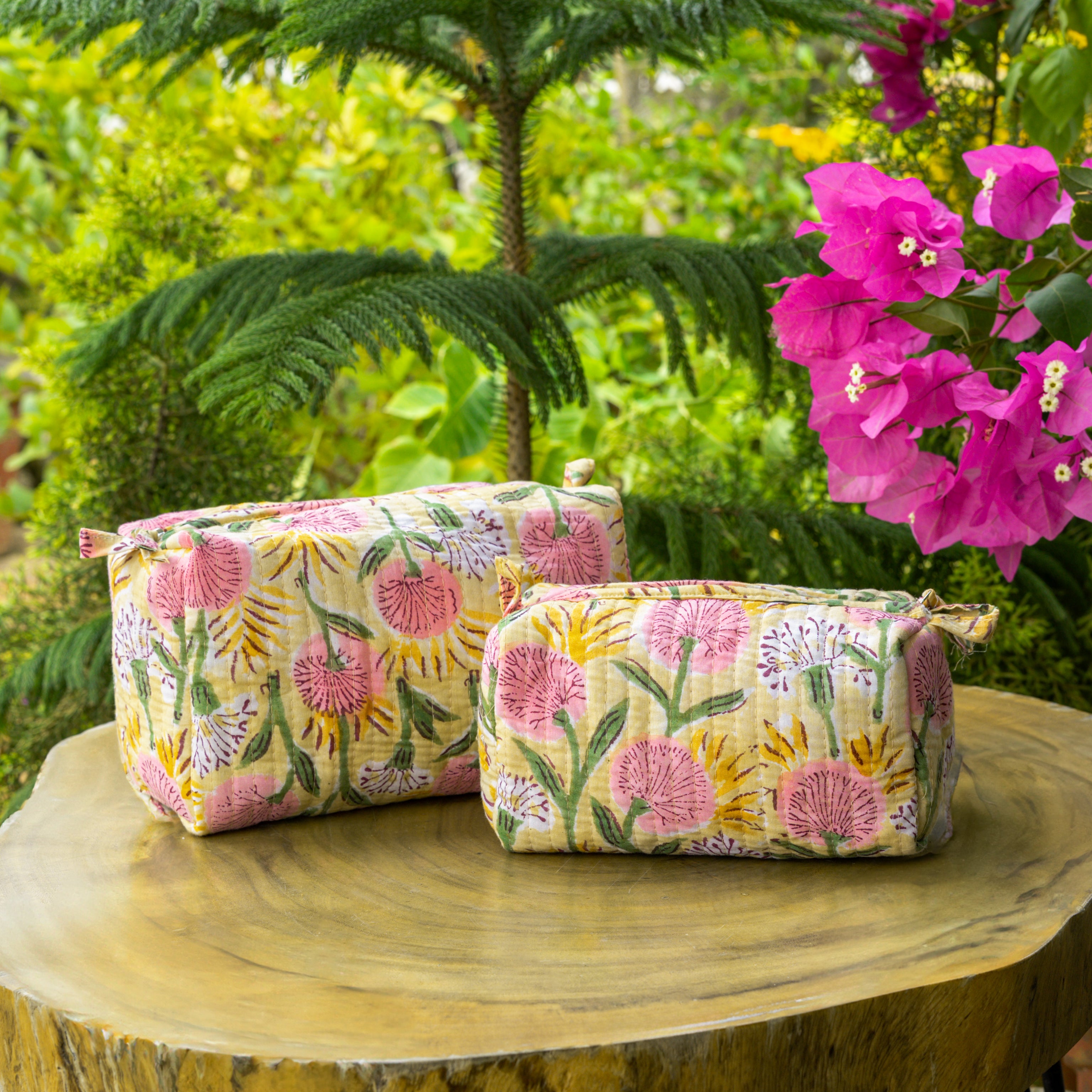 '"Floral Meadow" Block Printed Quilted Toiletry Pouch Set of 2 – Small & Medium