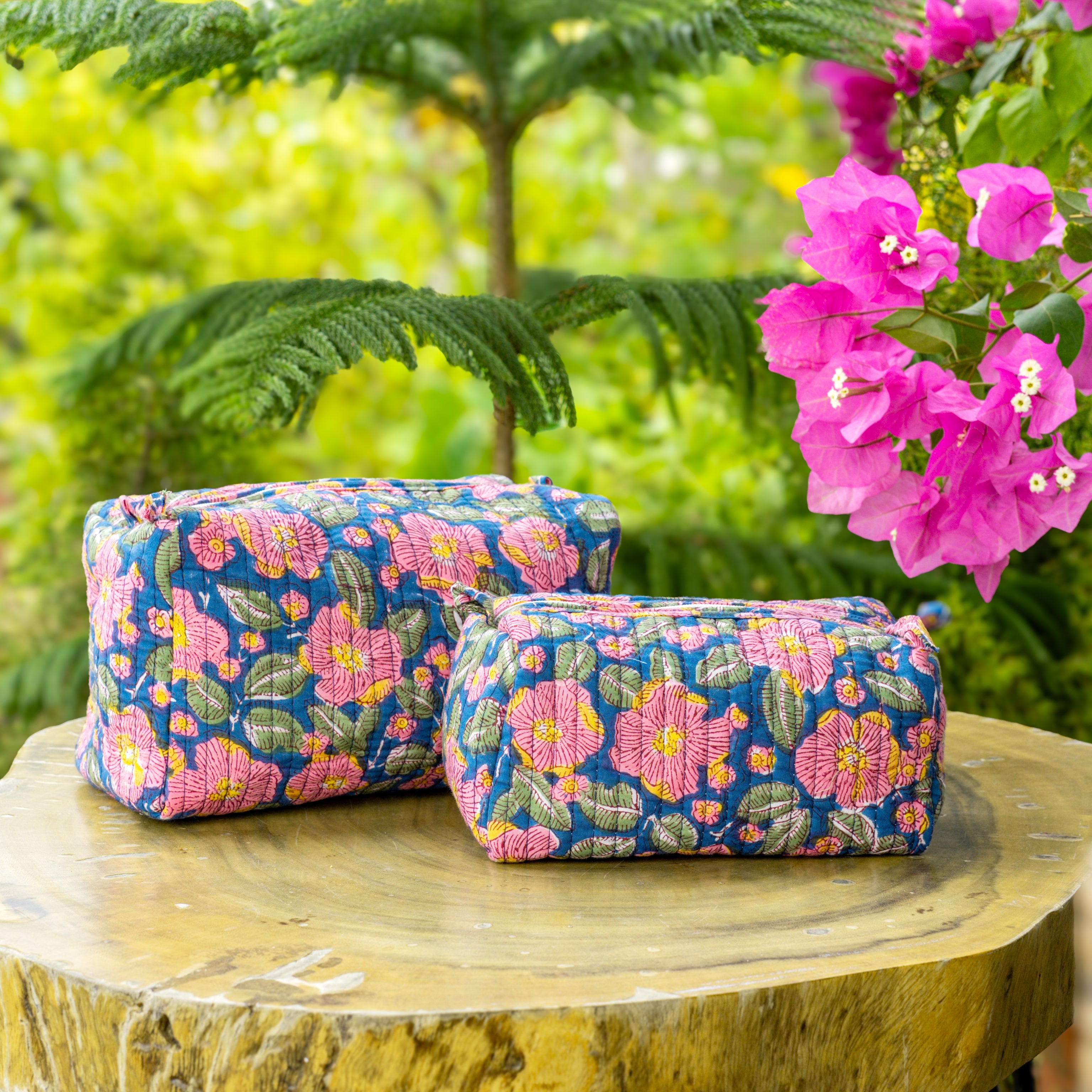 "Garden Paradise" Block Printed Quilted Toiletry Pouch Set of 2 – Small & Medium