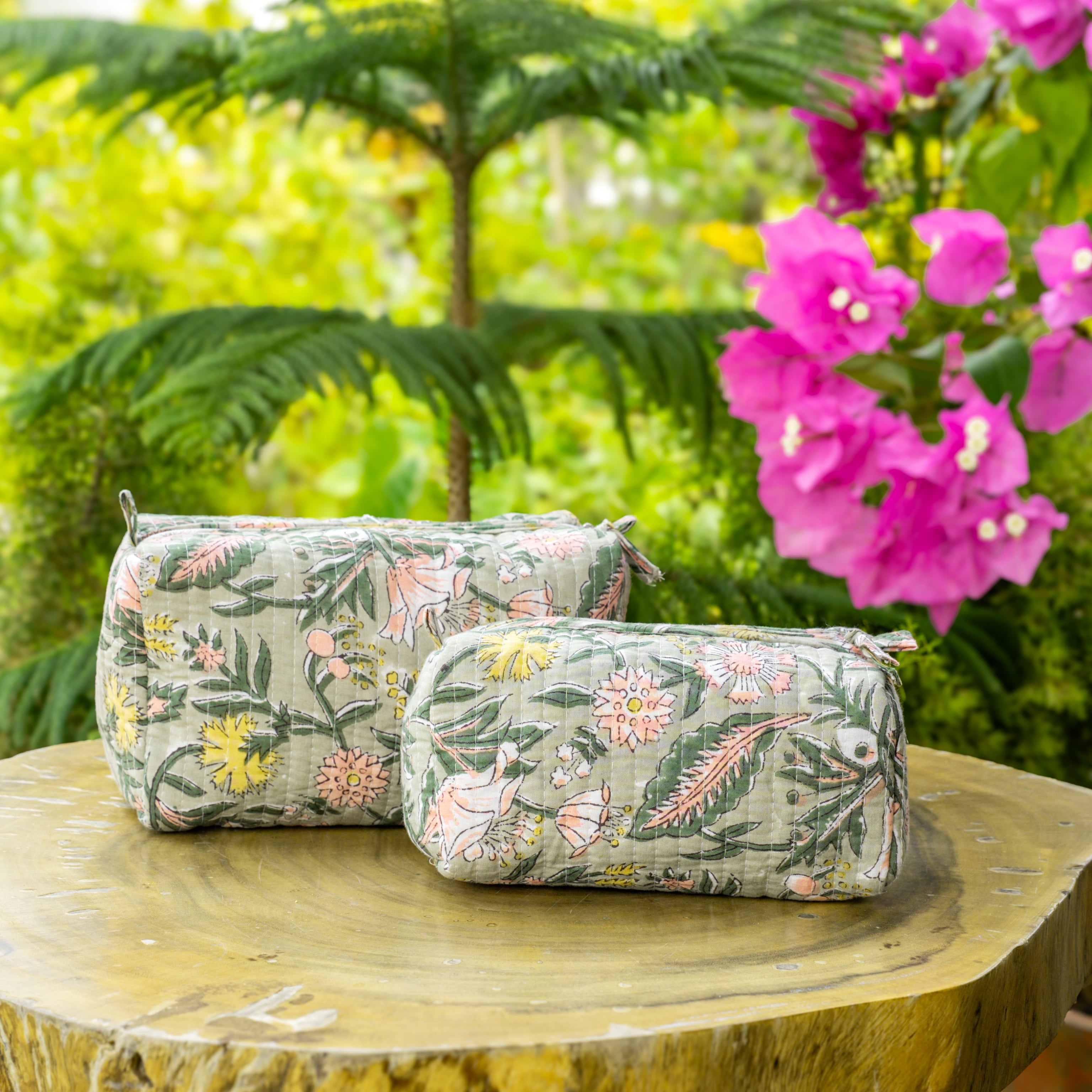 "Forest Bloom" Block Printed Quilted Toiletry Pouch Set of 2 – Small & Medium