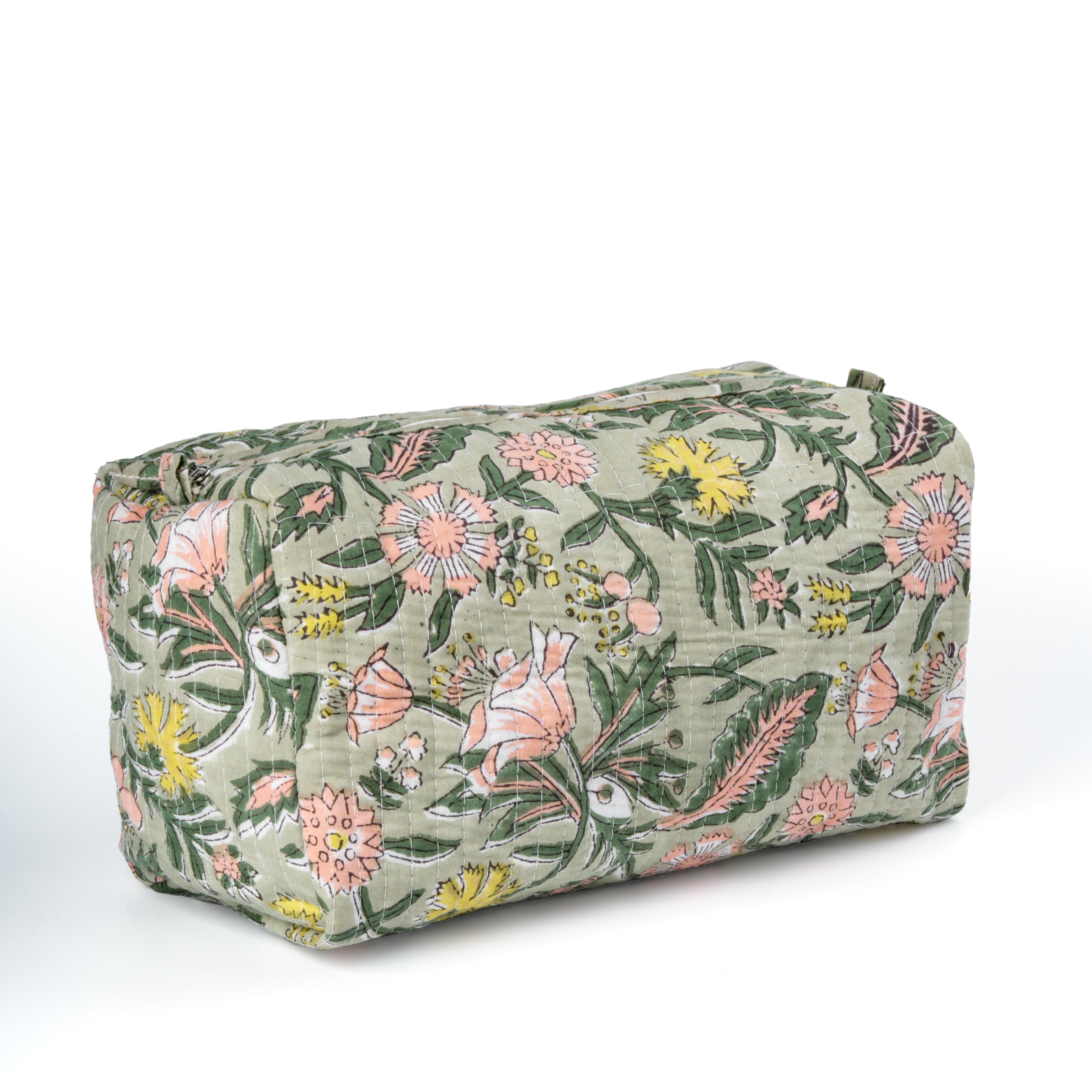 '"Forest Bloom" Block Printed Quilted Toiletry Pouch – Large