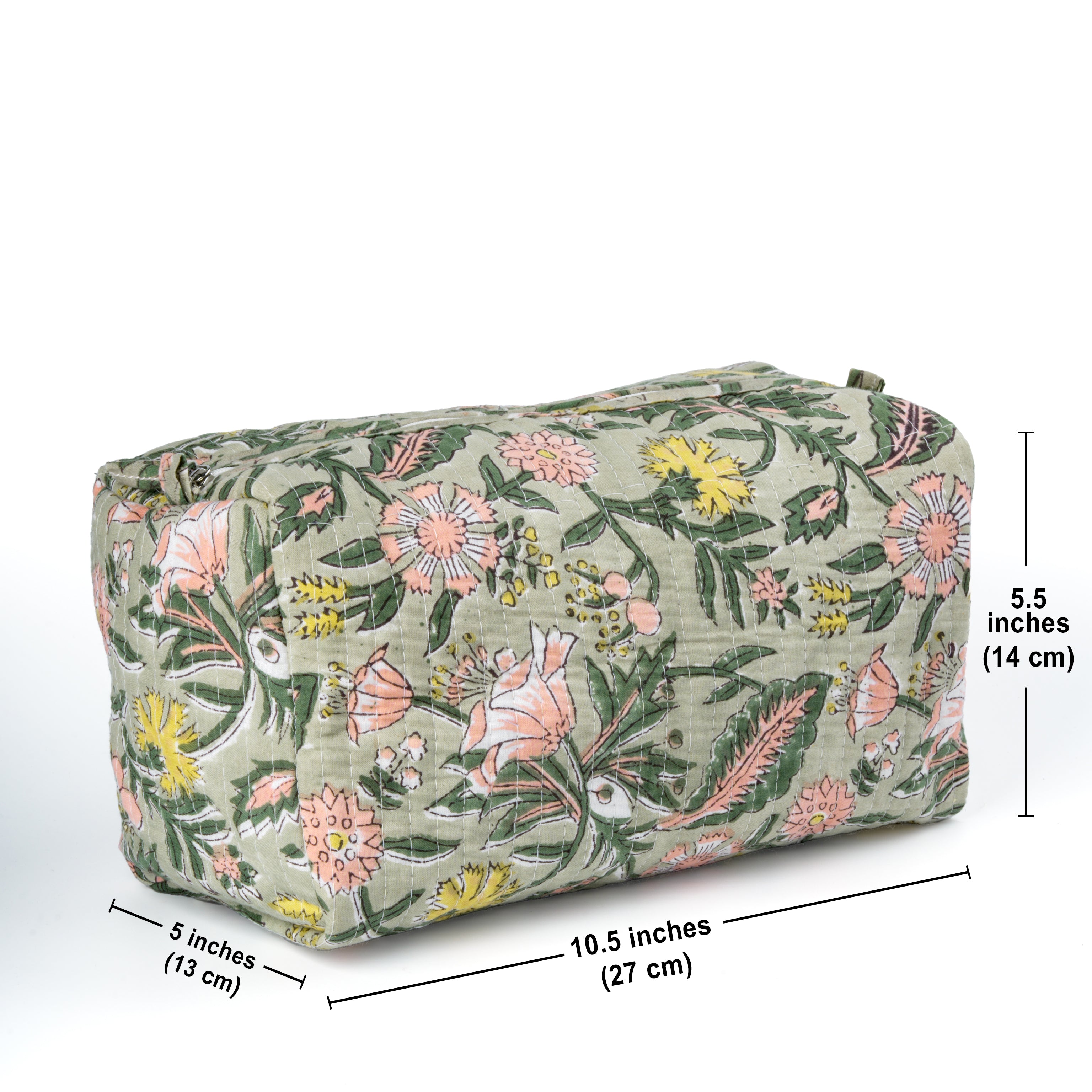 '"Forest Bloom" Block Printed Quilted Toiletry Pouch – Large