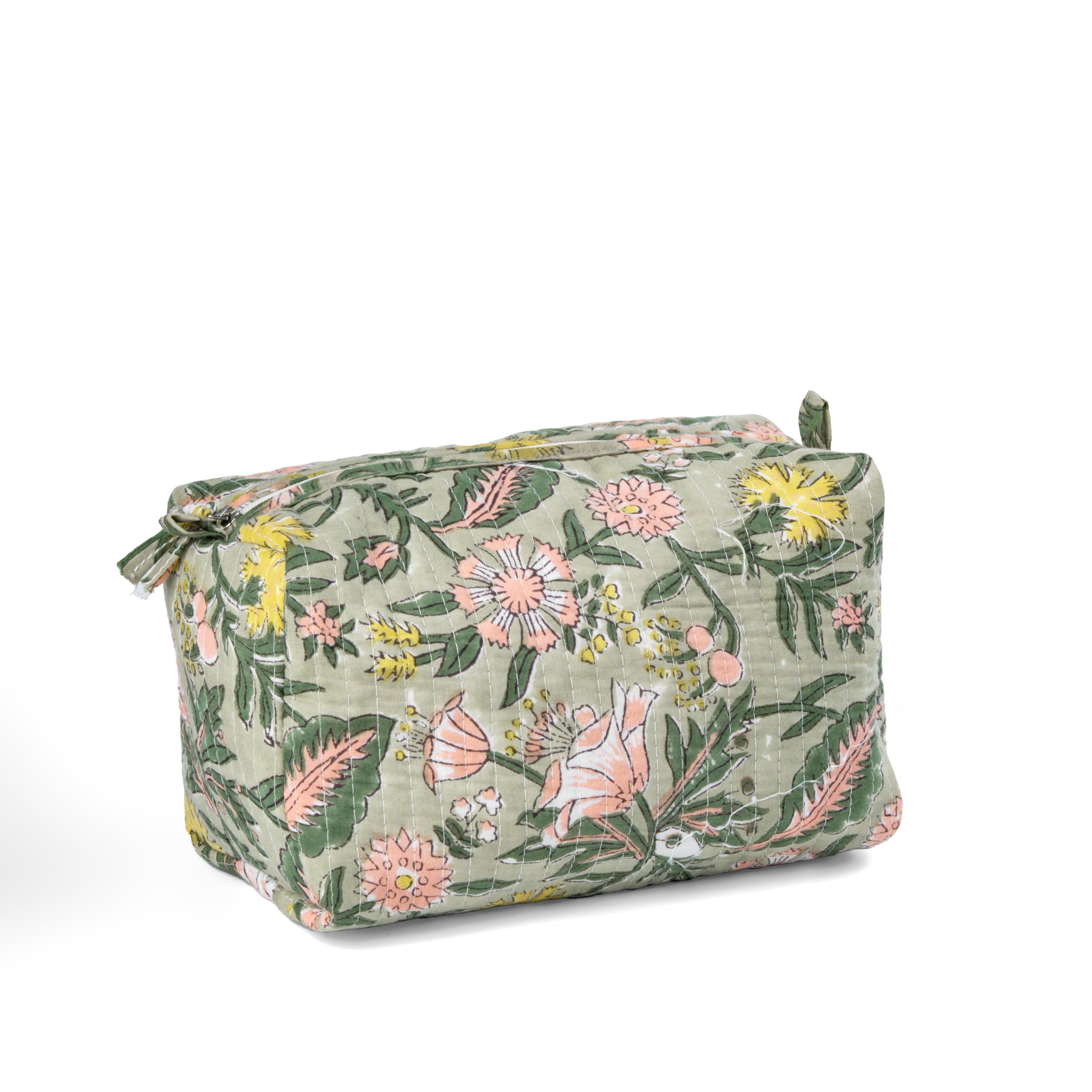 '"Forest Bloom" Block Printed Quilted Toiletry Pouch – Medium