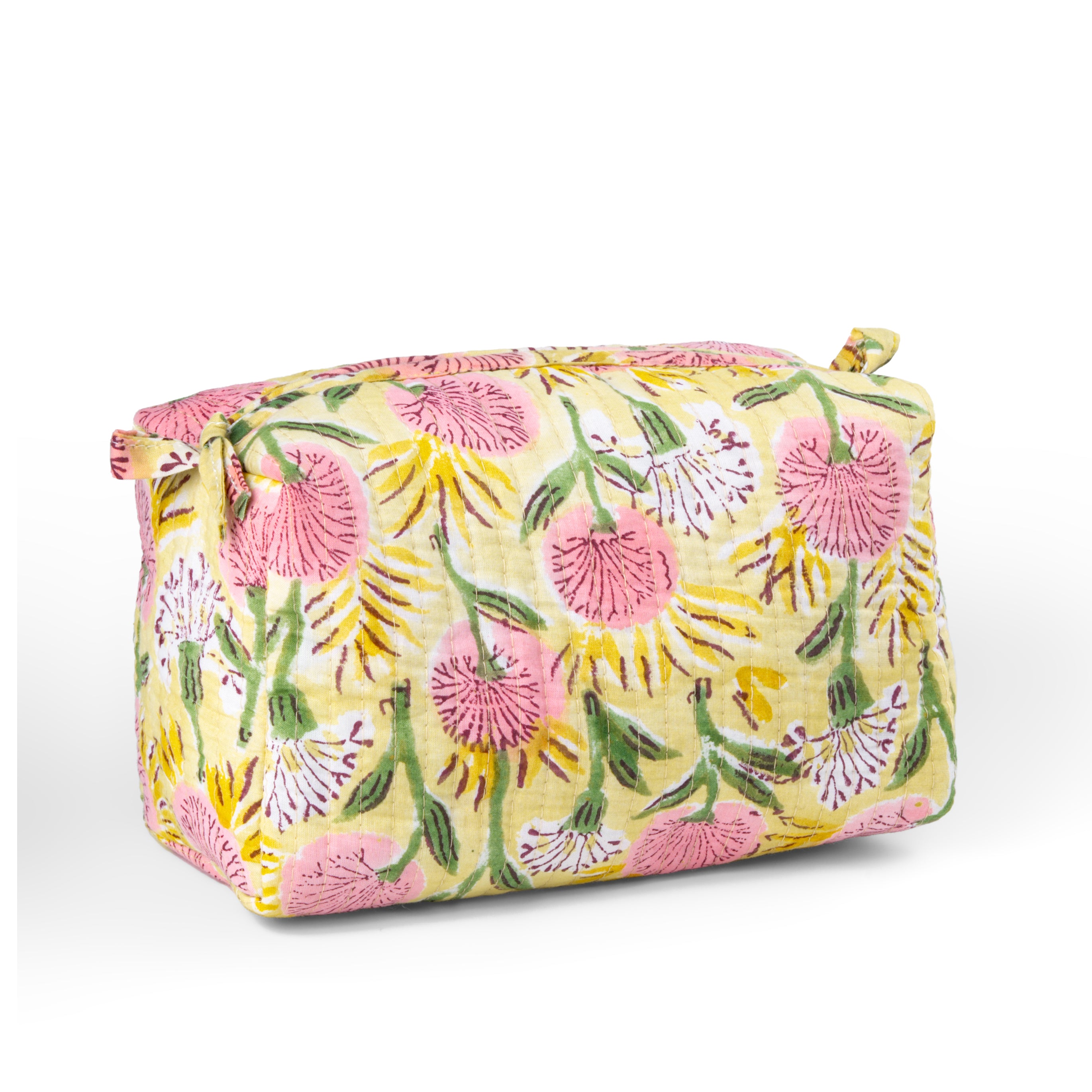 '"Floral Meadow" Block Printed Quilted Toiletry Pouch – Medium