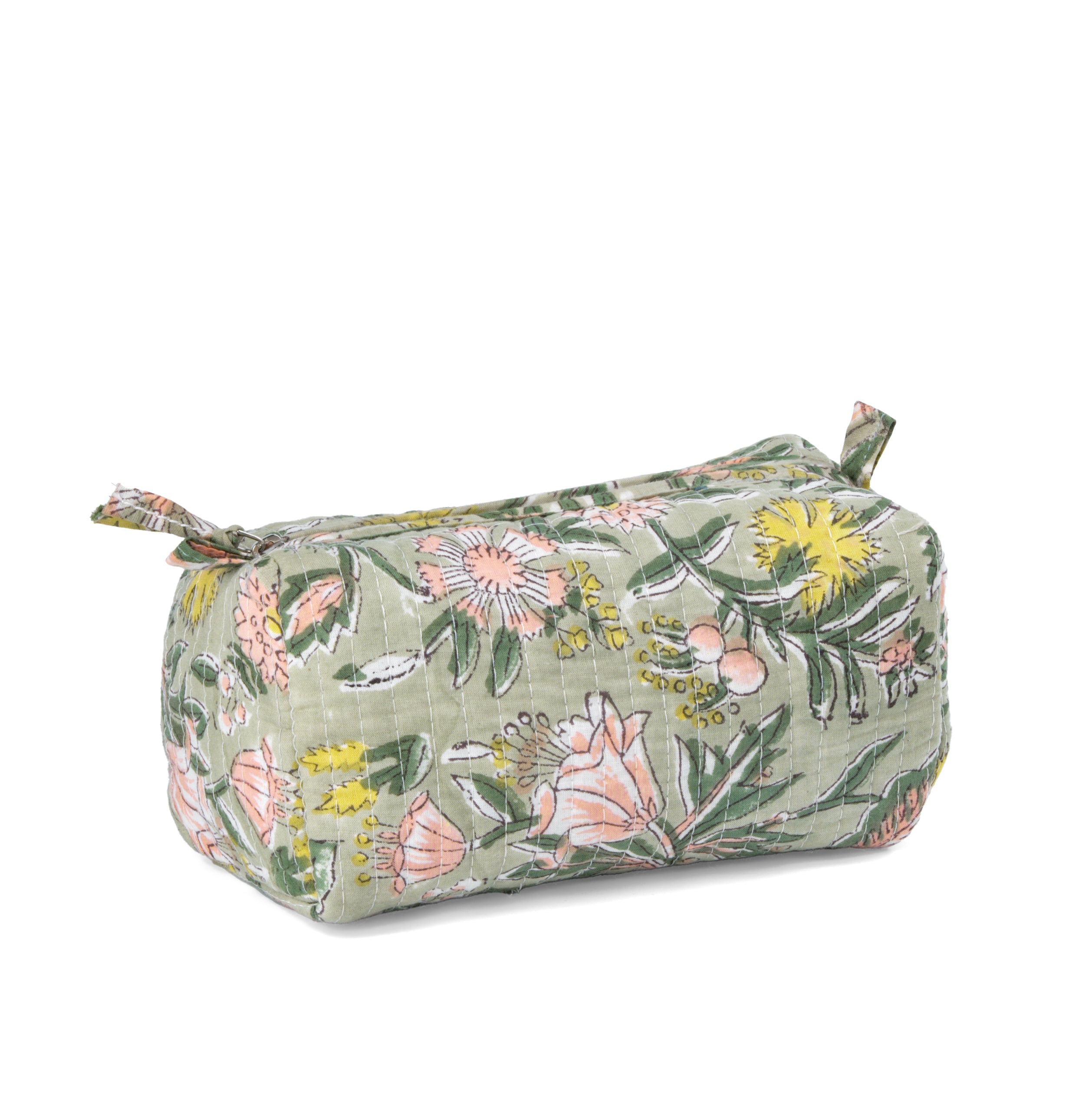 "Forest Bloom" Block Printed Quilted Toiletry Pouch – Small