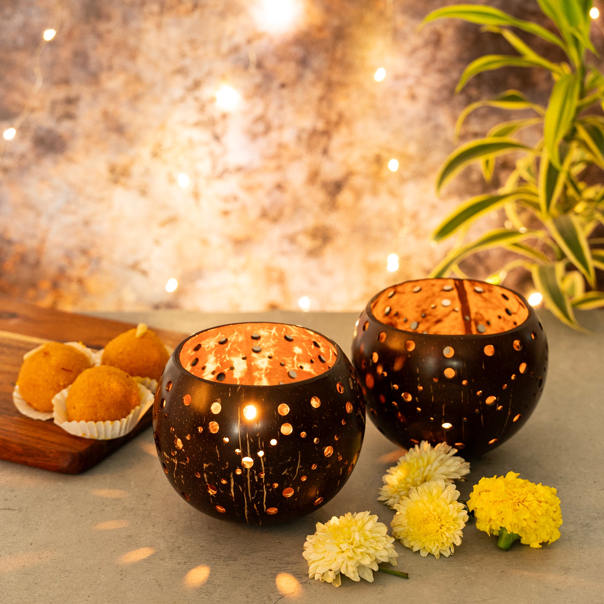 'Coco' Set of Two Coconut Shell Tea Light Holders- Festive