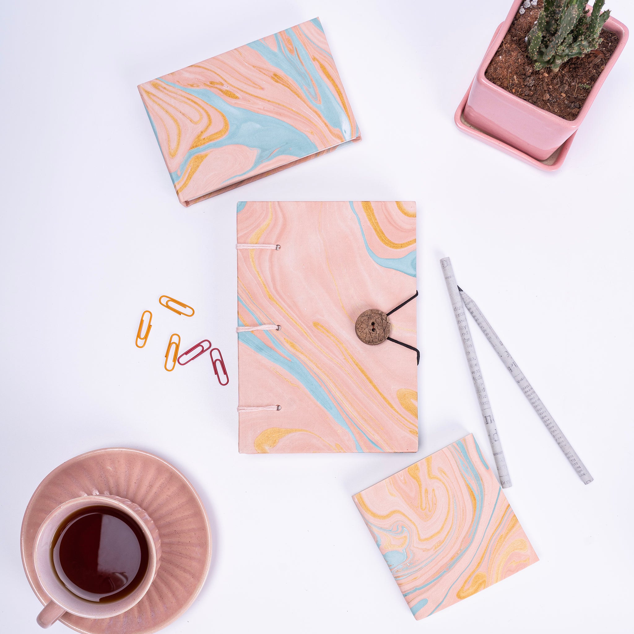 Combo of 3 - Blush Button A5 Hardbound Diary + Small Blush Marble Notepad + Small Blush Marble Pocket Diary