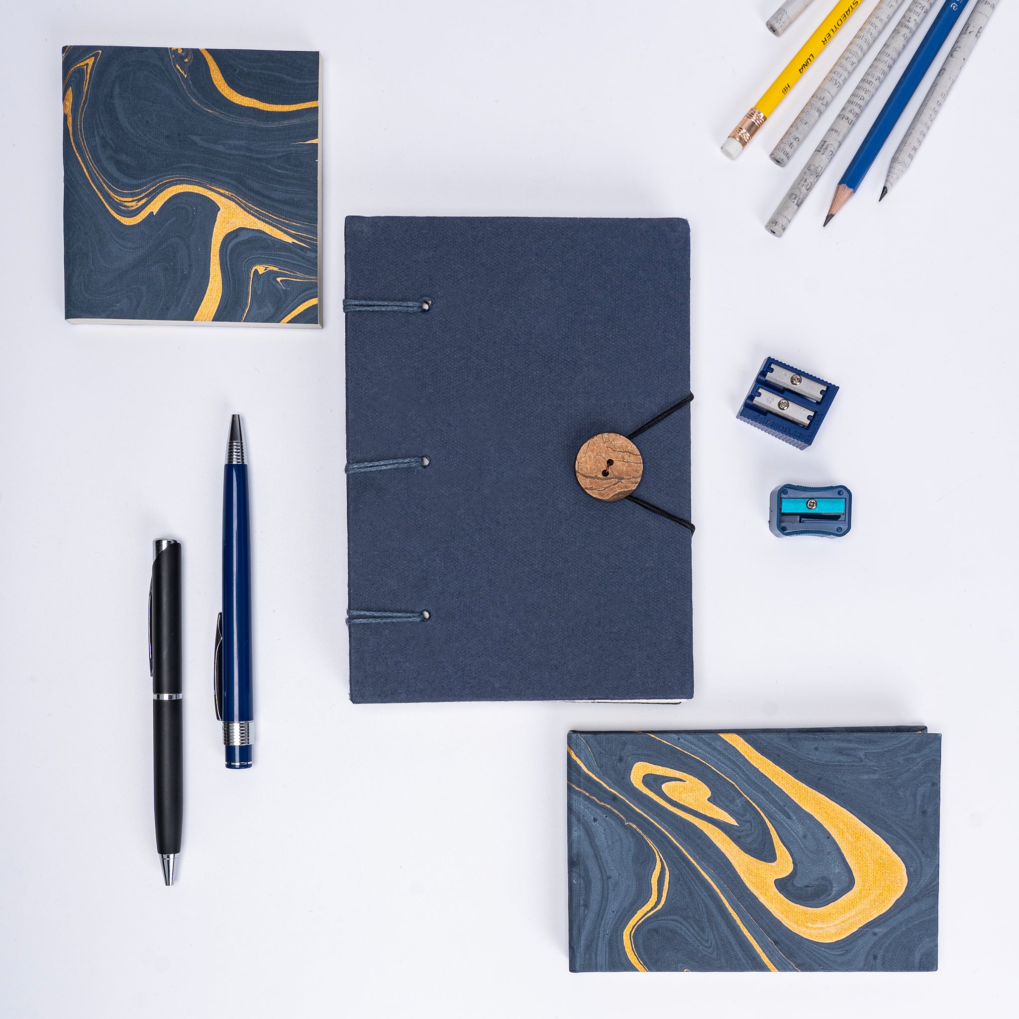 Combo of 3 - Blue Button A5 Diary + Small Blue Marble Notepad + Small Blue Marble Pocket Diary