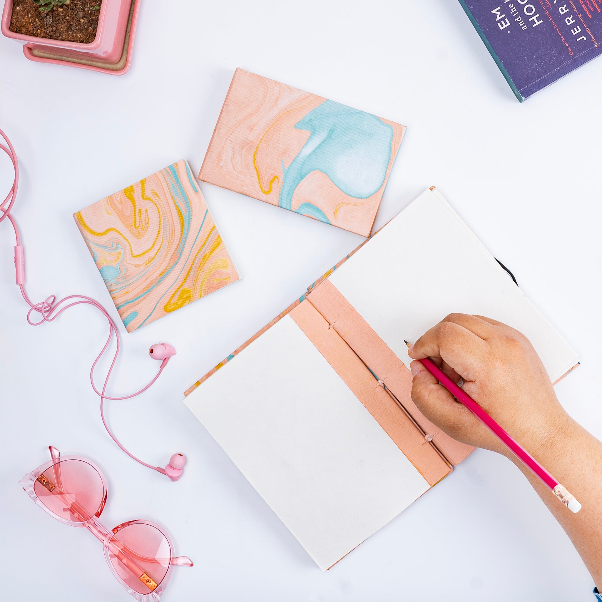 Combo of 3 - Blush Button A5 Hardbound Diary + Small Blush Marble Notepad + Small Blush Marble Pocket Diary