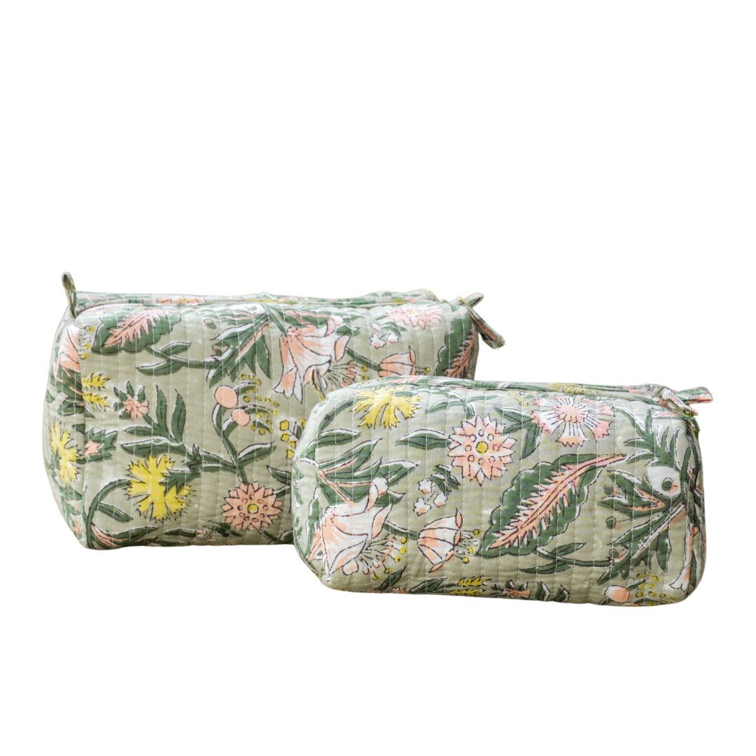 "Forest Bloom" Block Printed Quilted Toiletry Pouch Set of 2 – Small & Medium