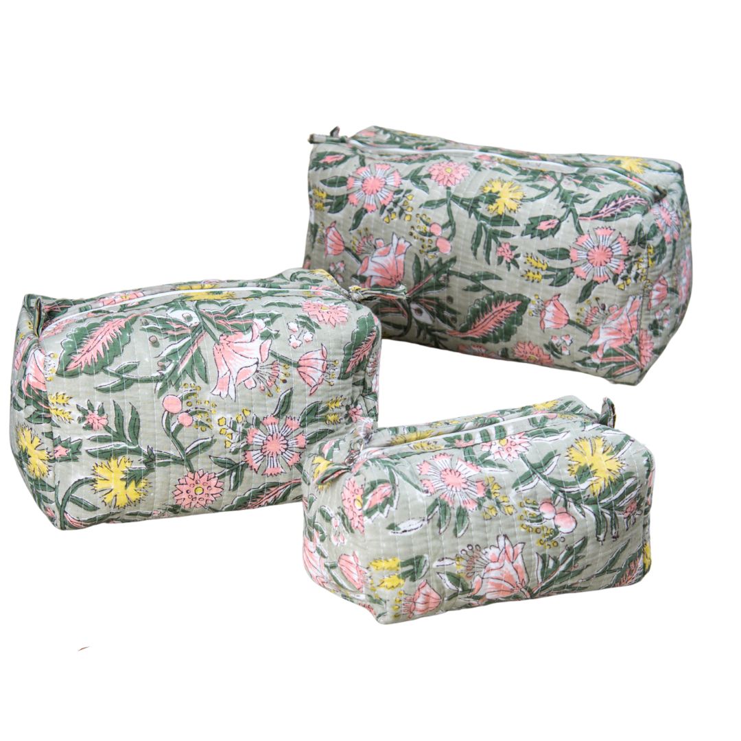 "Forest Bloom" Block Printed Quilted Toiletry Pouch Set of 3 – Small, Medium & Large