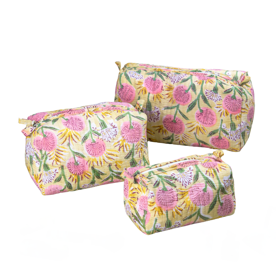 "Floral Meadow" Block Printed Quilted Toiletry Pouch Set of 3 -Small, Medium & Large